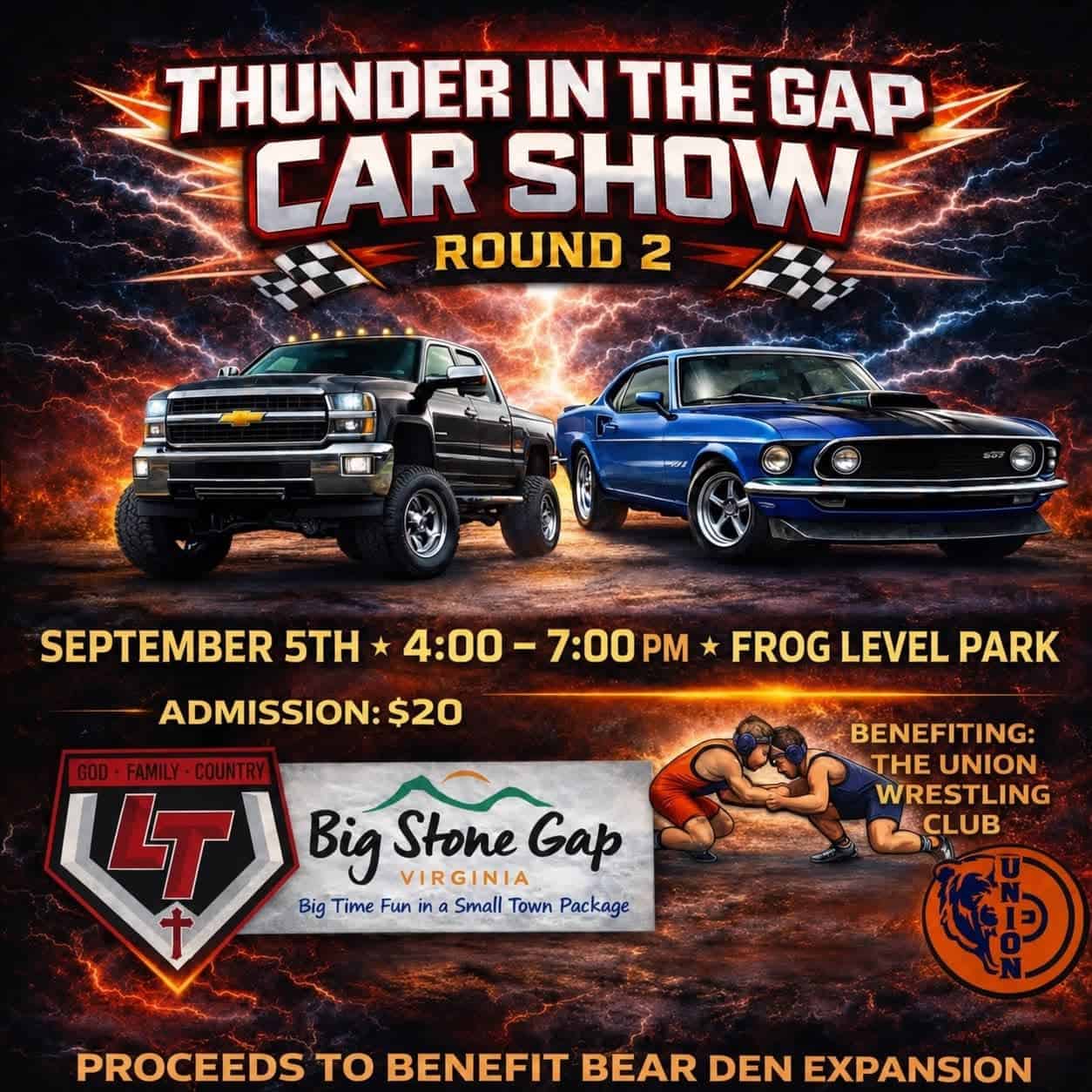 Thunder in the Gap Car Show Round 2 event at Frog Level Park in Big Stone Gap, VA on September 5, 2026