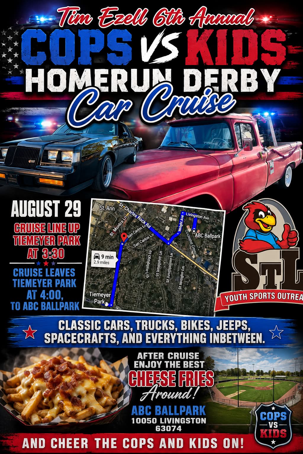 Tim Ezell 6th Annual Cops vs Kids Homerun Derby Car Cruise event at Tiemeyer Park in St. Ann, MO on August 29, 2026
