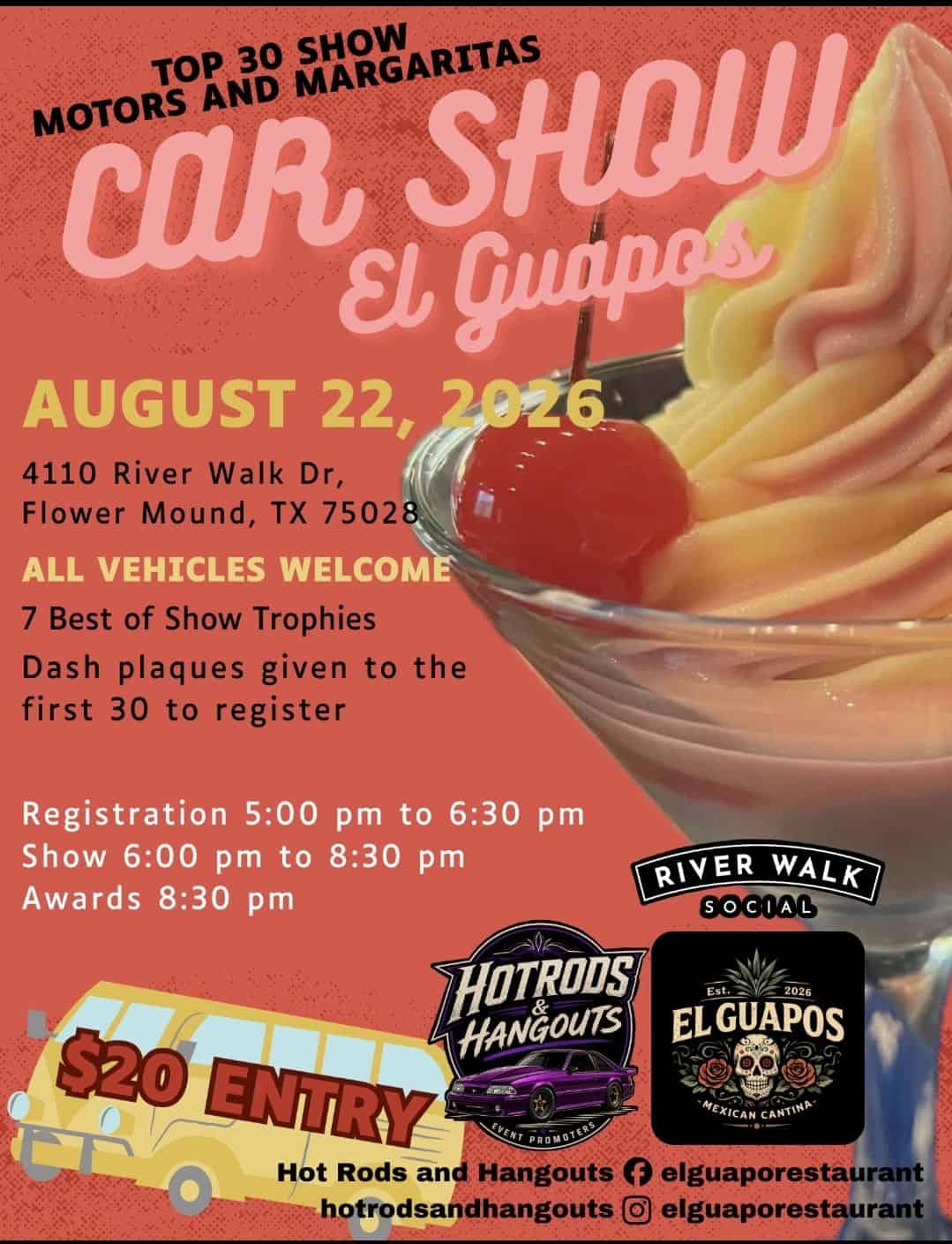 Top 30 Motors and Margaritas Car Show El Guapos event at River Walk Social in Flower Mound, TX on August 22, 2026