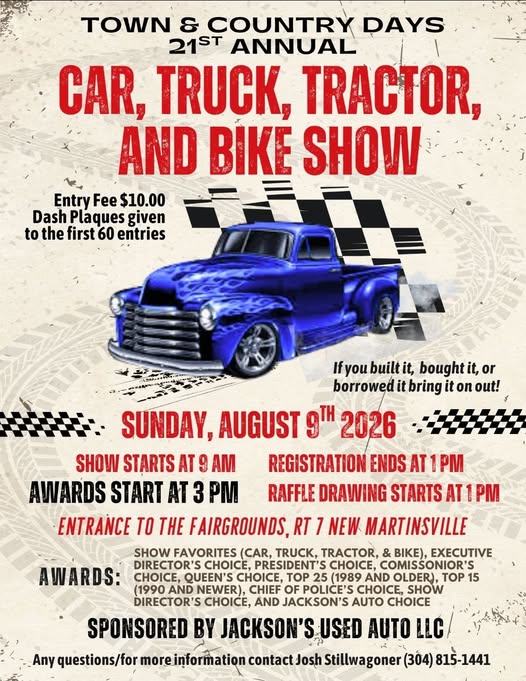 Town & Country PAYS 21st Annual Car, Truck, Tractor, and Bike Show event at Route 7 in New Martinsville, WV on August 9, 2026