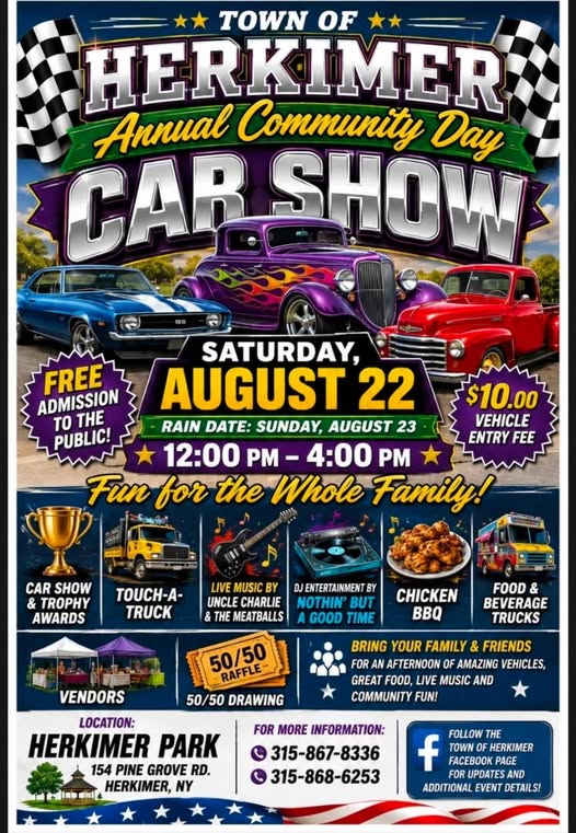 Town of Herkimer Annual Community Day Car Show event at Herkimer Park in Herkimer, NY on August 22, 2026