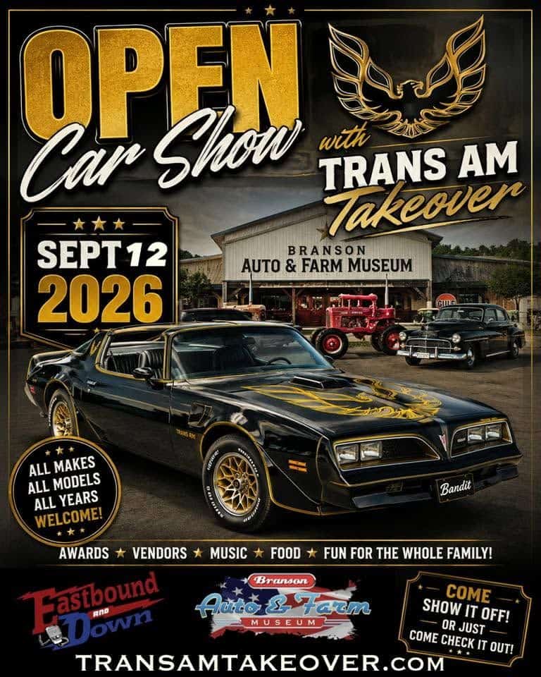 Trans Am Takeover Open Car Show event at Branson Auto & Farm Museum in Branson, MO on September 12, 2026