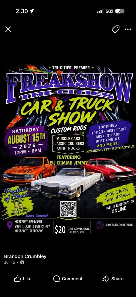 Tri-Cities Freakshow Car & Truck Show event at Kingsport Speedway in Kingsport, TN on August 15, 2026