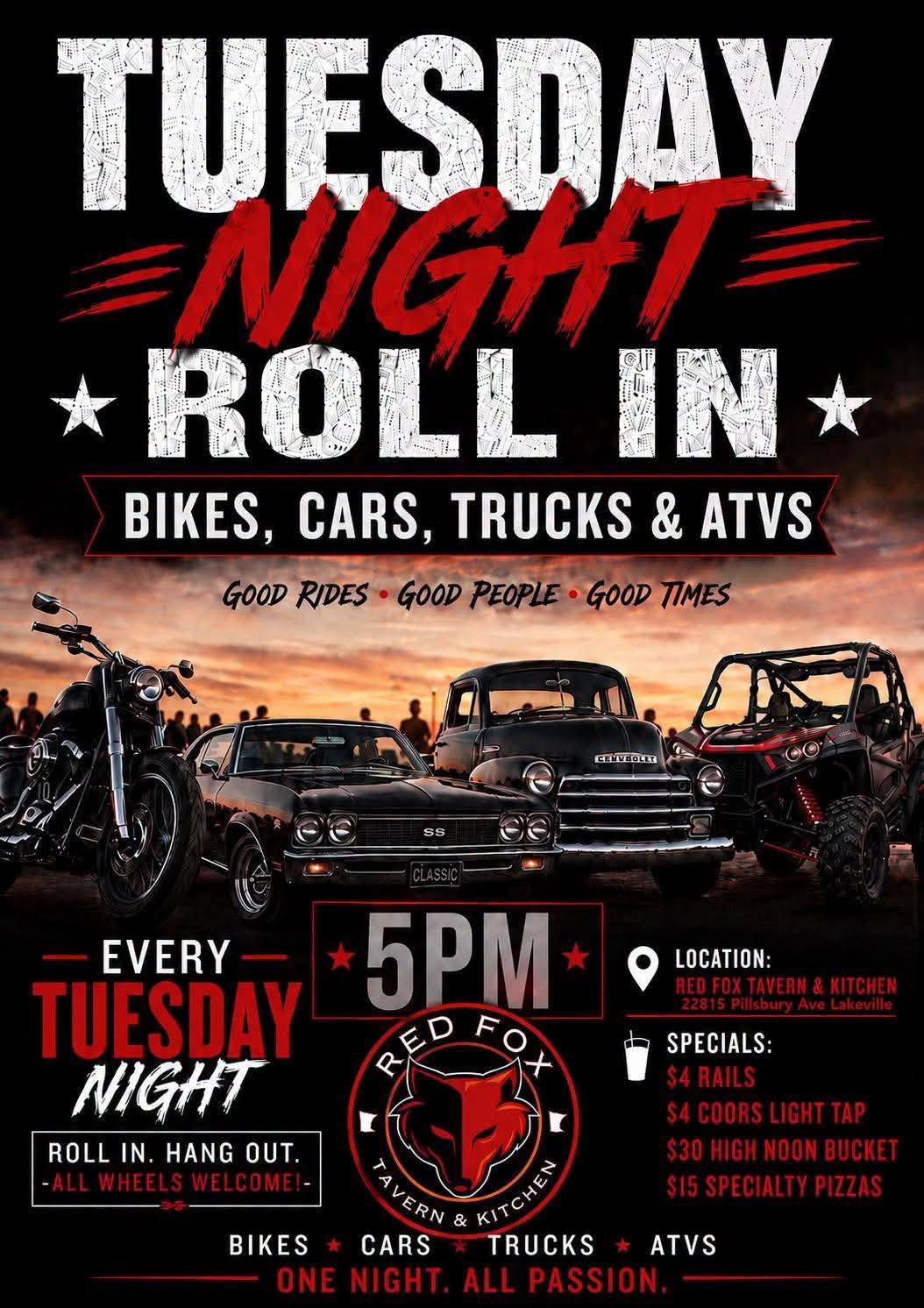 Tuesday Night Roll in at Red Fox Tavern & Kitchen event at Red Fox Tavern & Kitchen in Lakeville, MN on August 4, 2026