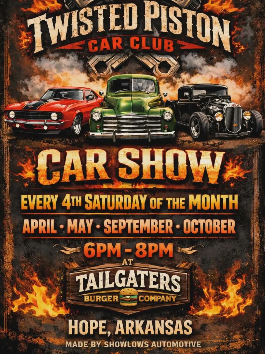 Twisted Piston Car Club Car Show event at Tailgaters Burger Company in Hope, AR on September 26, 2026