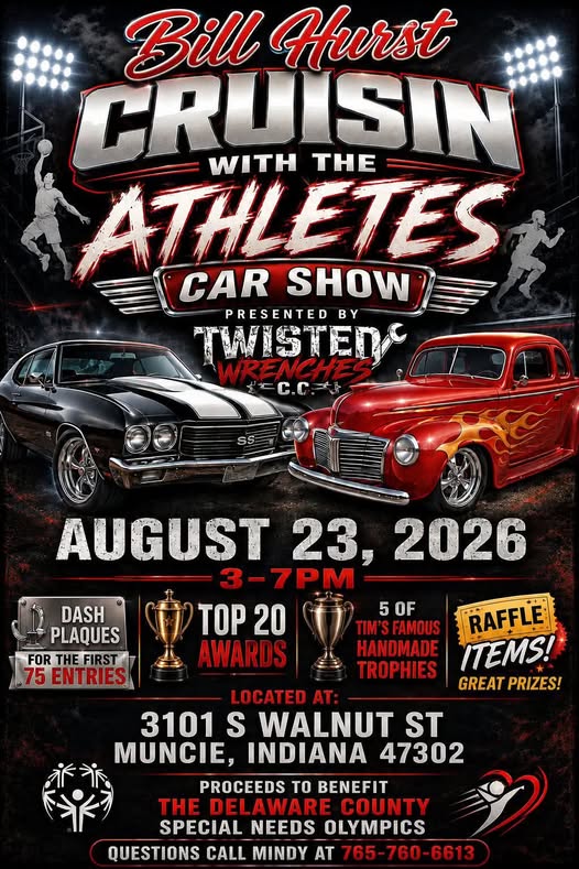 Twistic Wrenches C.C. Cruisin with the Athletes Car Show event at Bill Hurst in Muncie, IN on August 23, 2026