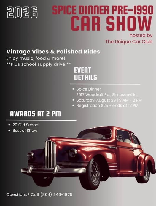 Unique Car Club Pre-1990 Car Show event at Spice Dinner in Simpsonville, SC on August 29, 2026