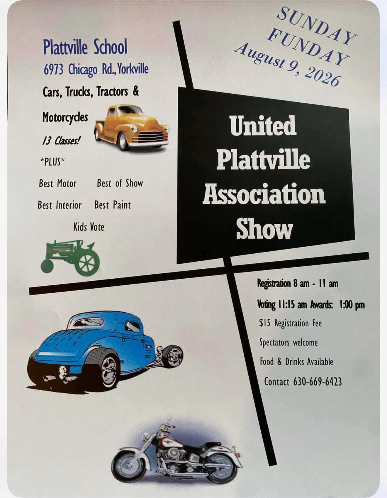 United Plattville Association Car Show event at Plattville School in Yorkville, IL on August 9, 2026