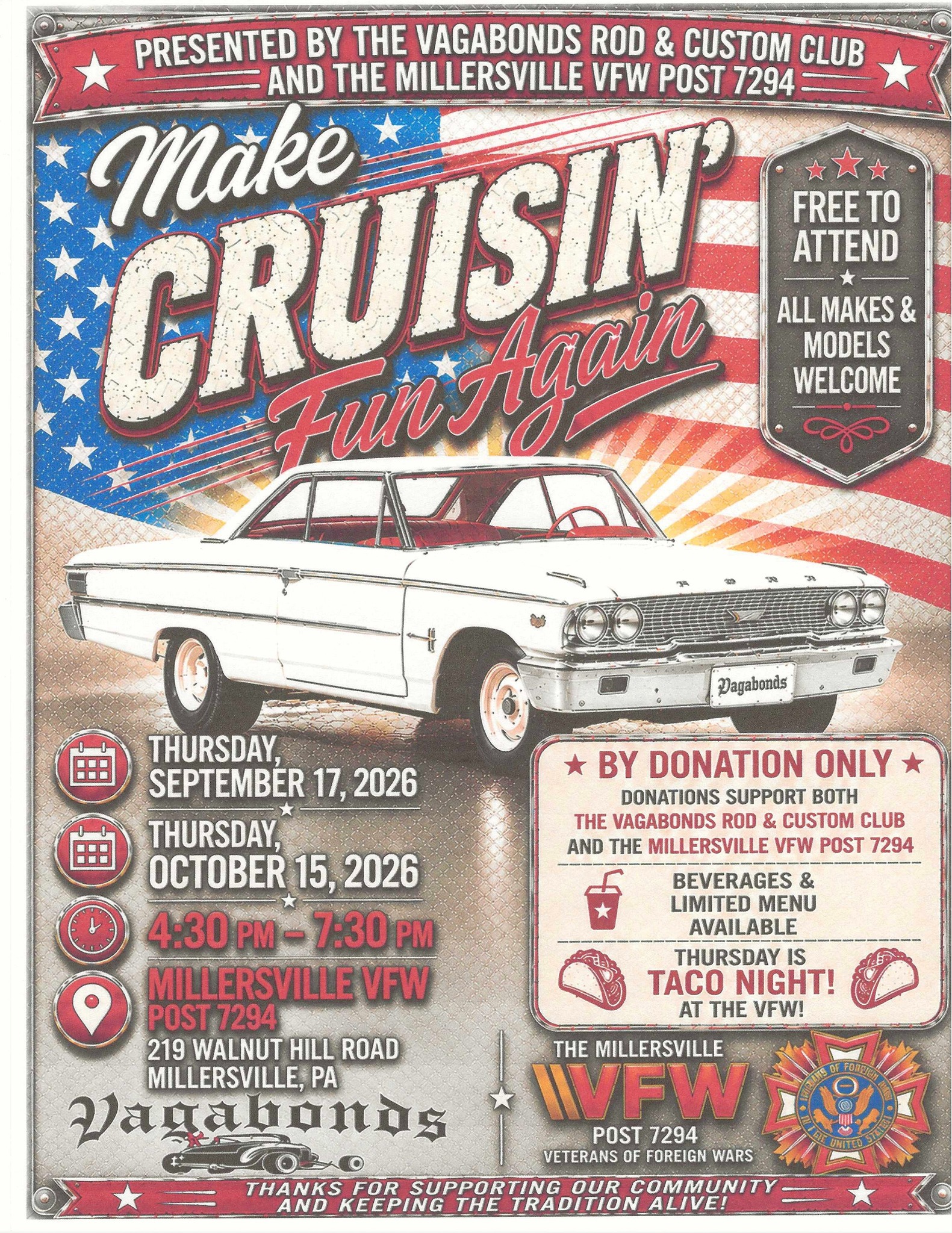 Vagabonds Rod & Custom Club Make Cruisin Fun Again event at Millersville VFW Post 7294 in Millersville, PA on September 17, 2026