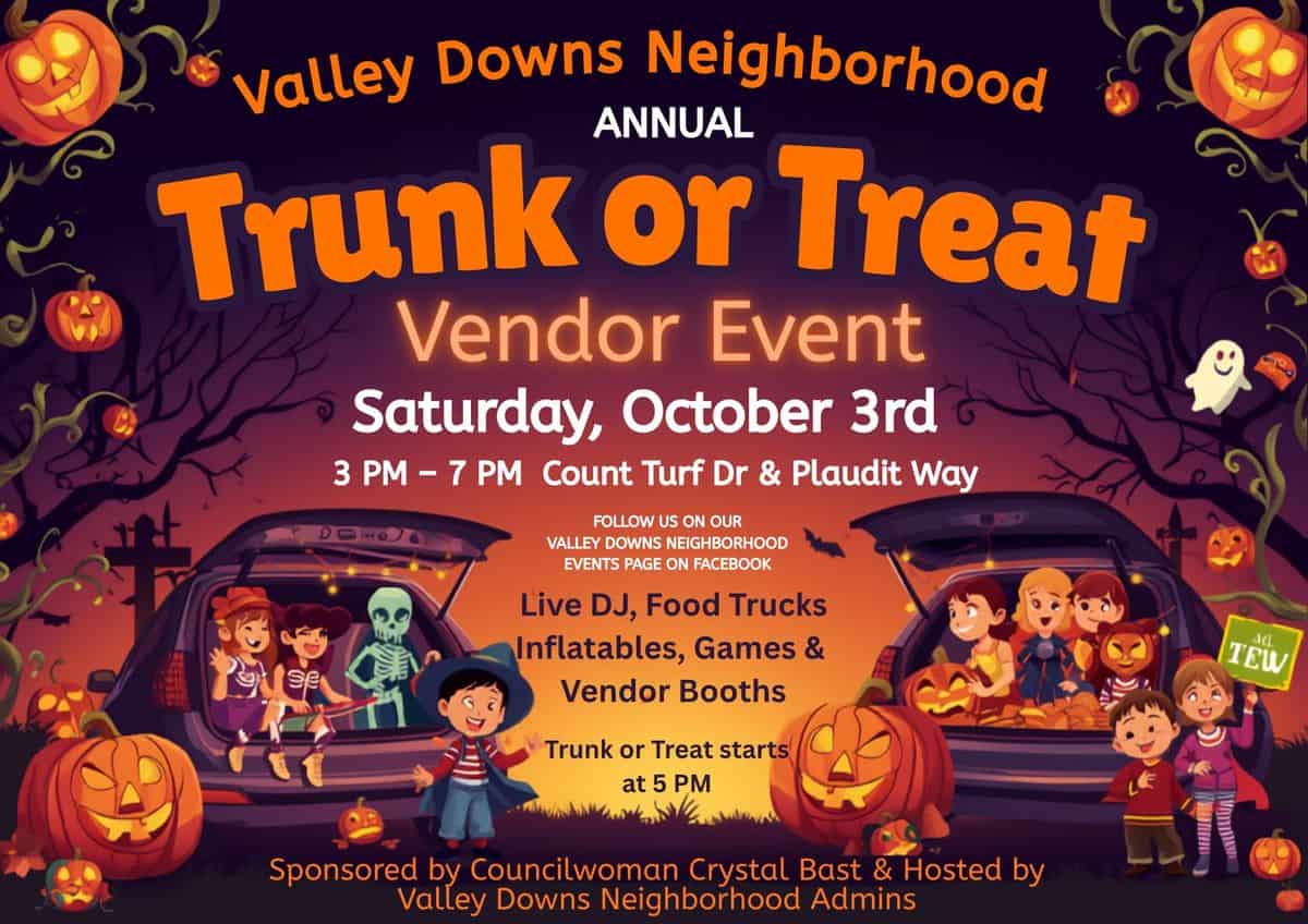 Valley Downs Neighborhood Annual Trunk or Treat event at County Turf Dr & Plaudit Way in Fairdale, KY on October 3, 2026