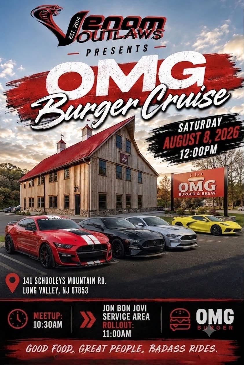 Venom Outlaws OMG Burger Cruise event at OMG Burger & Brew in Long Valley, NJ on August 8, 2026