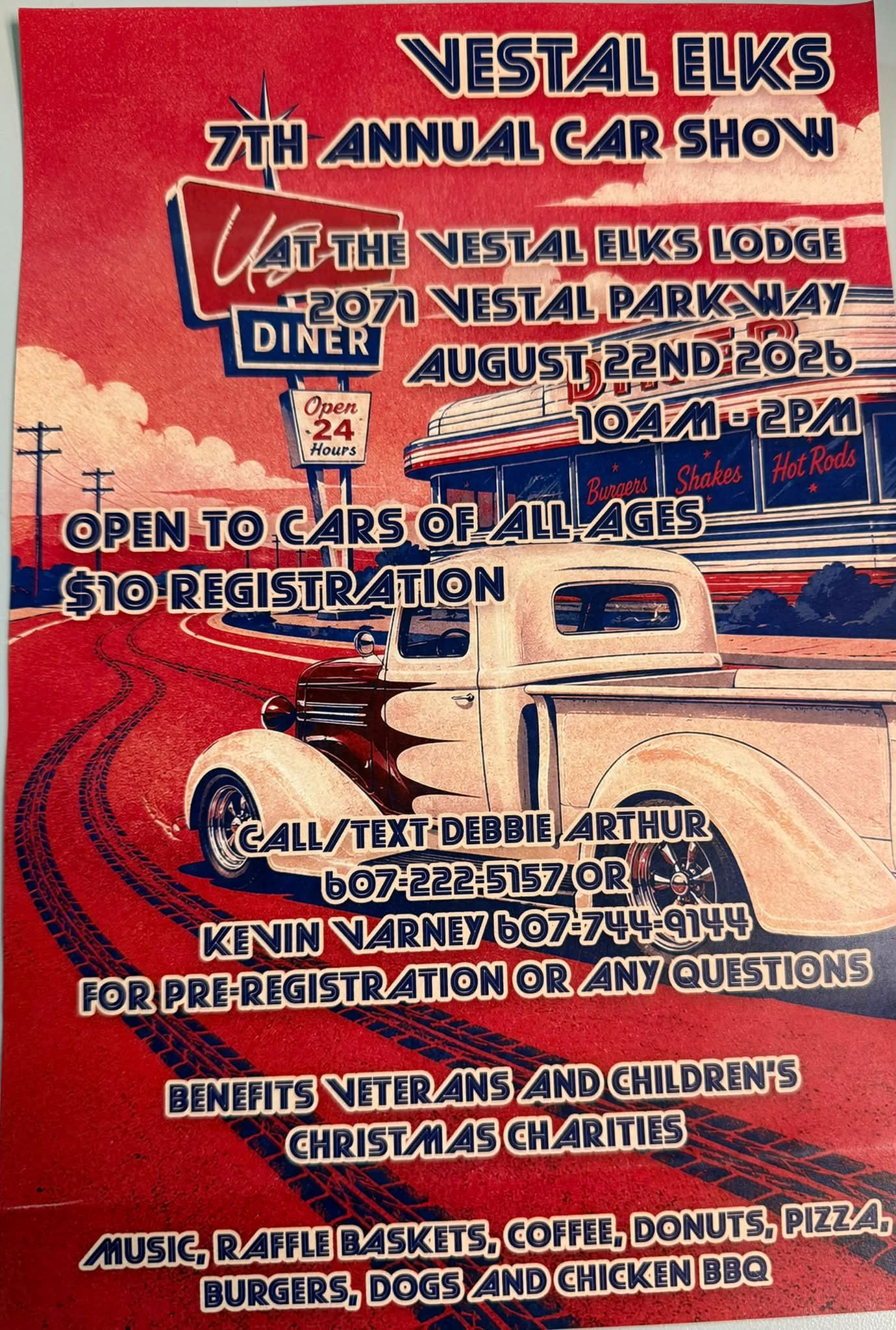 Vestal Elks 7th Annual Car Show event at Vestal Elks Lodge in Vestal, NY on August 22, 2026