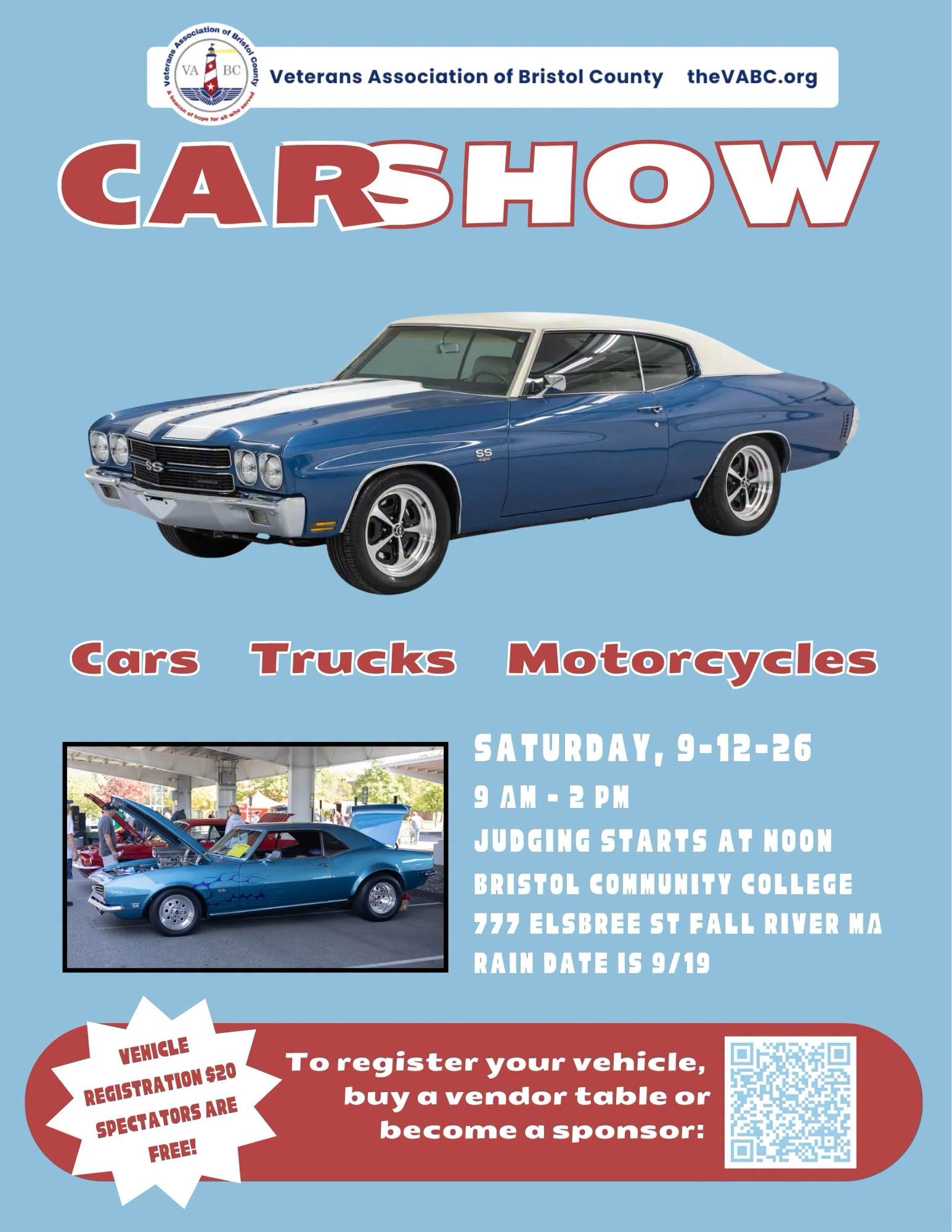 Veterans Association of Bristol County Car Show event at Bristol Community College in Fall River, MA on September 12, 2026