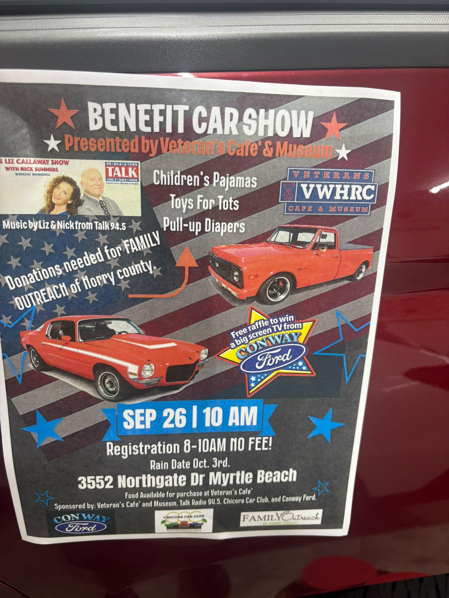 Veteran's Cafe' & Museum Benefit Car Show event at Veteran's Cafe' & Museum in Myrtle Beach, SC on September 26, 2026