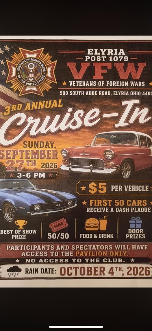 VFW Post 1079 3rd Annual Cruise-In event at VFW Post 1079 in Elyria, OH on September 27, 2026