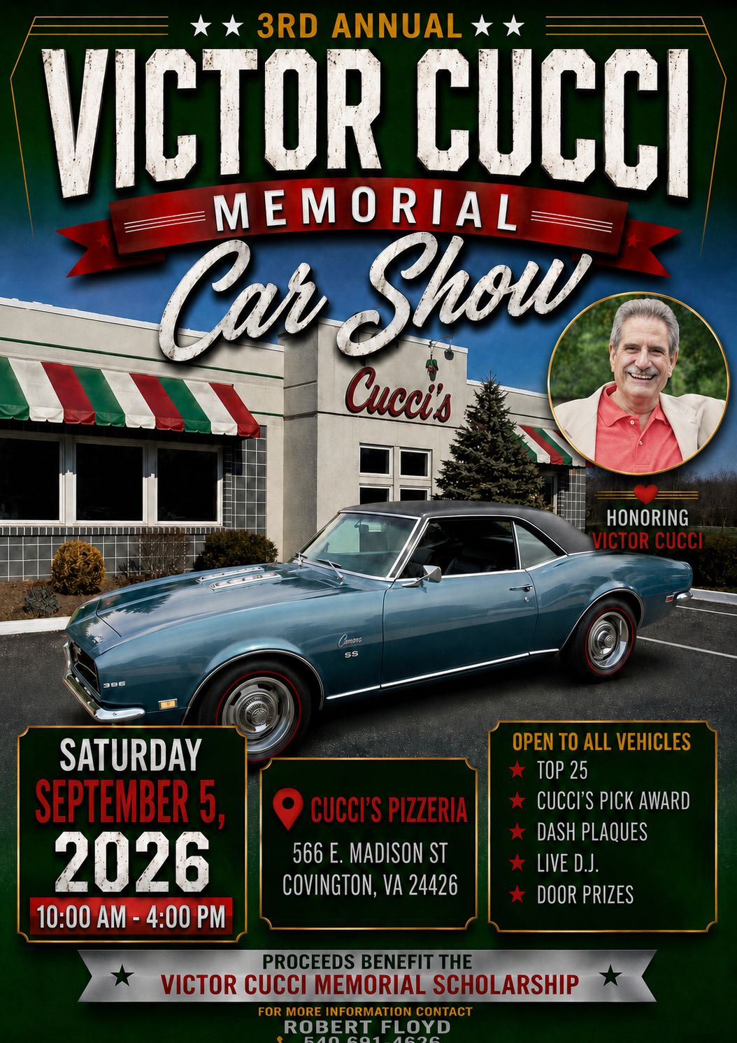 Victor Cucci Memorial Car Show event at Cucci's Pizzeria in Covington, VA on September 5, 2026