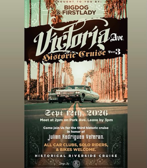 Victoria Ave. Historic Cruise Part 3 event at Park Ave. in Riverside, CA on September 12, 2026