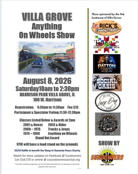 Villa Grove Anything On Wheels Show event at Harrison Park Villa Grove in Villa Grove, IL on August 8, 2026