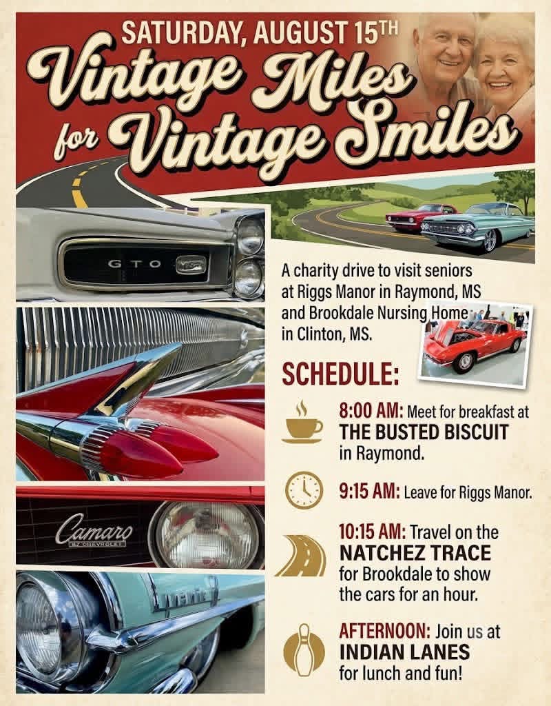 Vintage Miles for Vintage Smiles event at The Busted Biscuit in Raymond, MS on August 15, 2026
