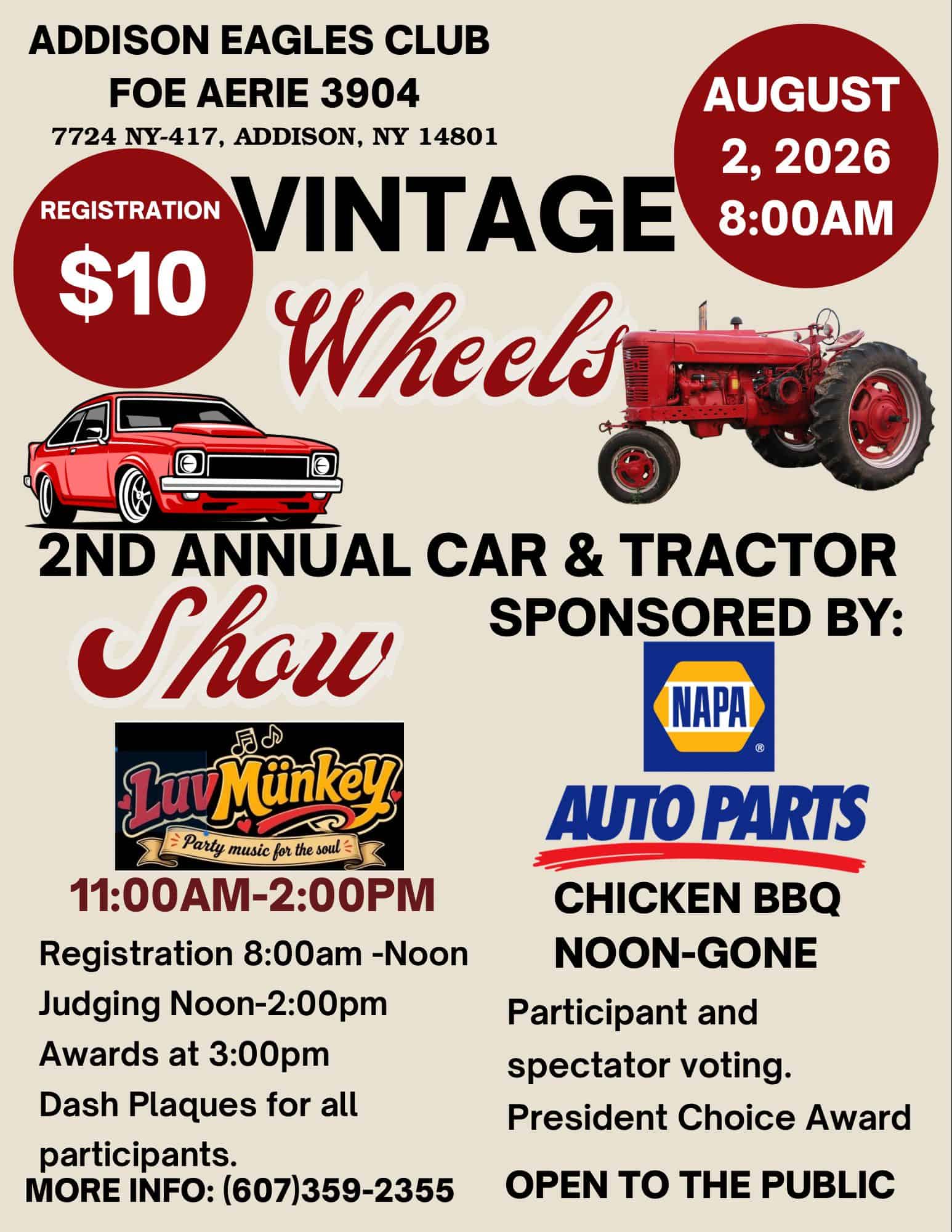 Vintage Wheels Car & Tractor Show event at Addison Eagles Club FOE Aerie 3904 in Addison, NY on August 2, 2026