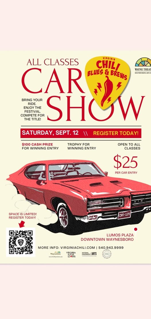 Virginia Chili Blues & Brews Car Show event at Lumos Plaza in Waynesboro, VA on September 12, 2026