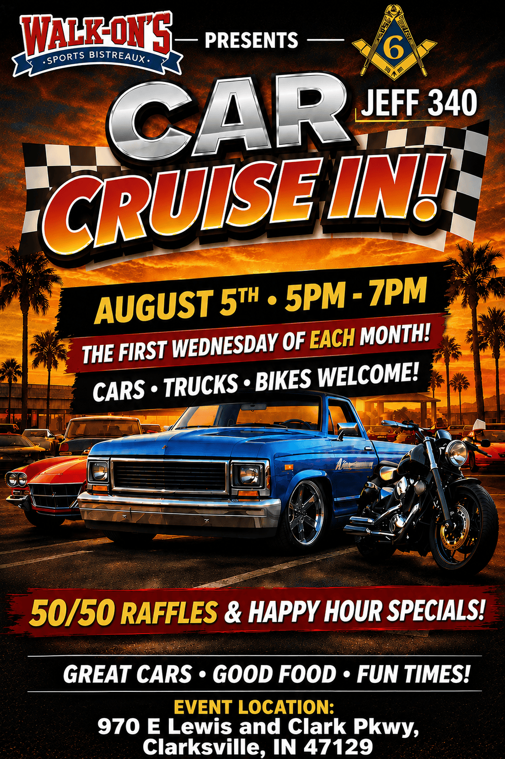 Walk-On's Car Cruise In event at Walk-On's Sports Bistreaux in Clarksville, IN on August 5, 2026