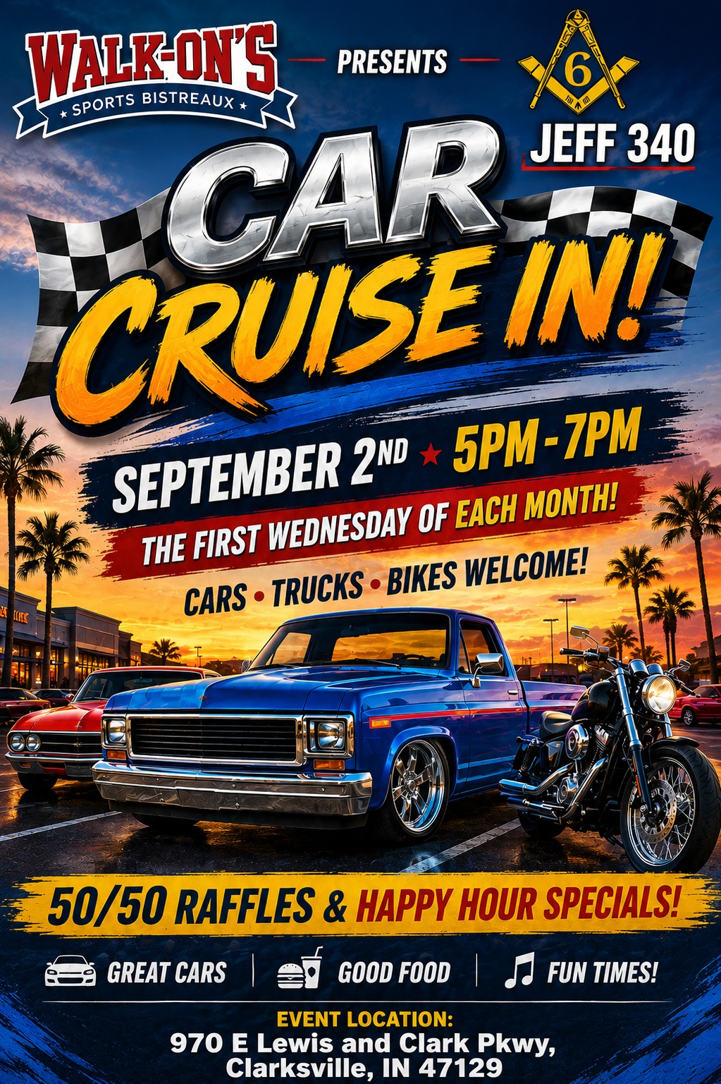 Walk-On's Sports Bistreaux Car Cruise in event at Walk-On's Sports Bistreaux in Clarksville, IN on September 2, 2026