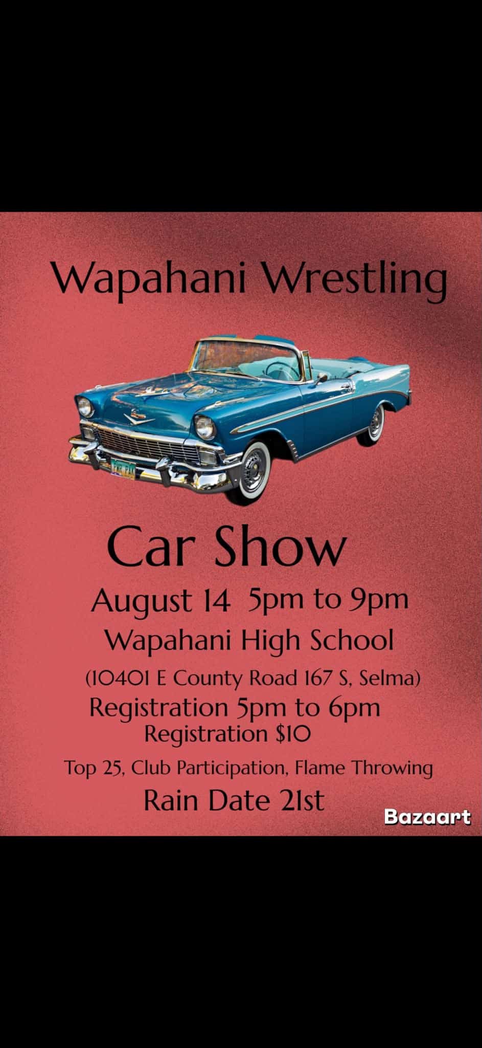 Wapahani Wrestling Club Car Show event at Wapahani High School in Selma, IN on August 14, 2026