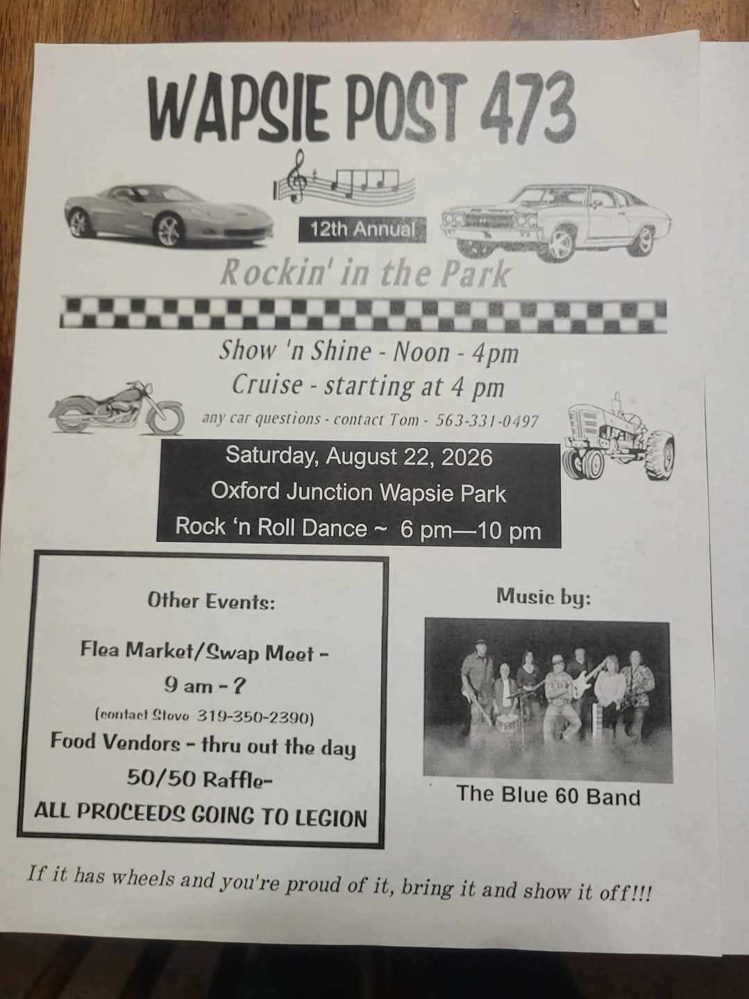 Wapsie Post 473 12th Annual Rockin' in the Park event at Oxford Junction Wapsie Park in Oxford Junction, IA on August 22, 2026