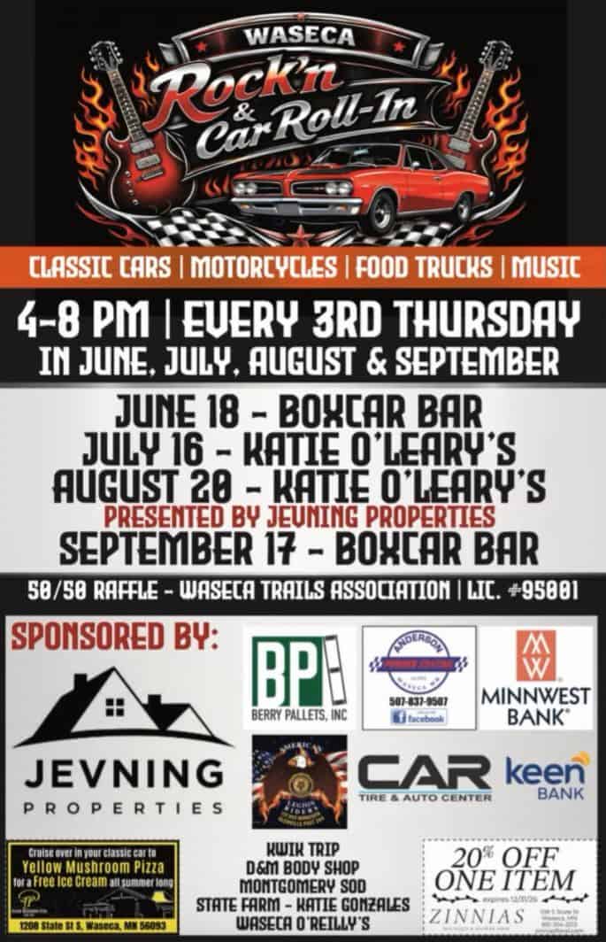 Waseca Rock & Roll-In Car Show event at Katie O'Leary's in Waseca, MN on August 20, 2026