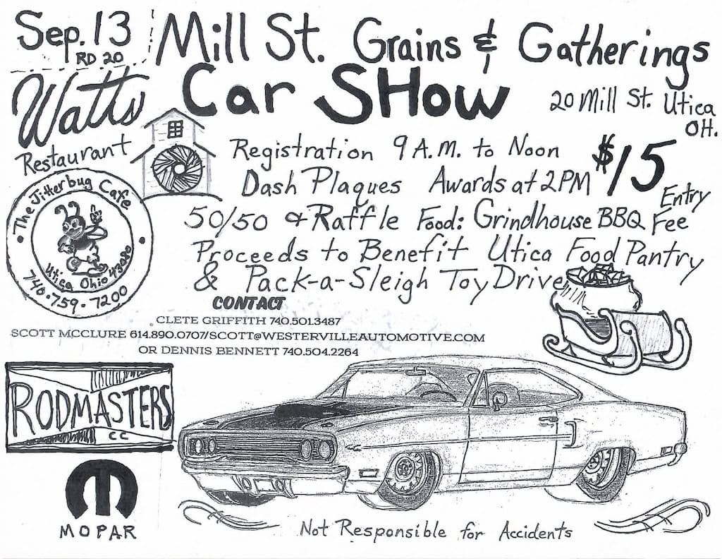 Watts Car Show event at Mill St. Grains & Gatherings Restaurant in Utica, OH on September 13, 2026