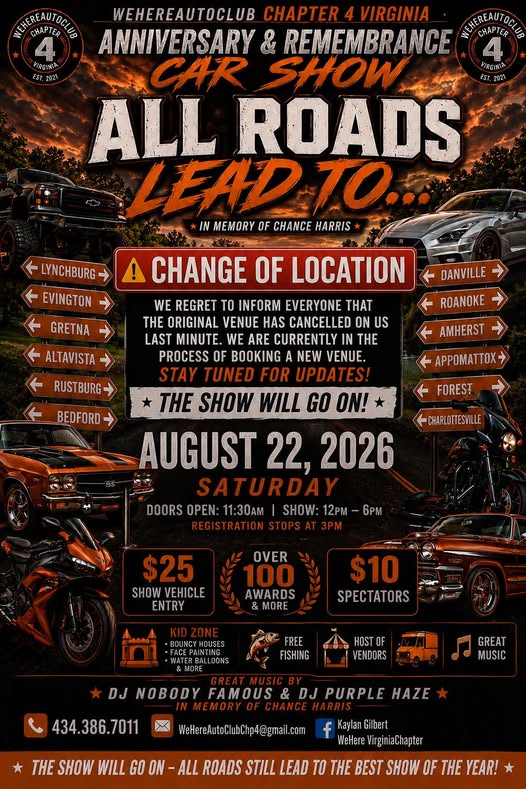 We Here Auto Club Anniversary & Remembrance Car Show event at The Sparrow Estates in Evington, VA on August 22, 2026
