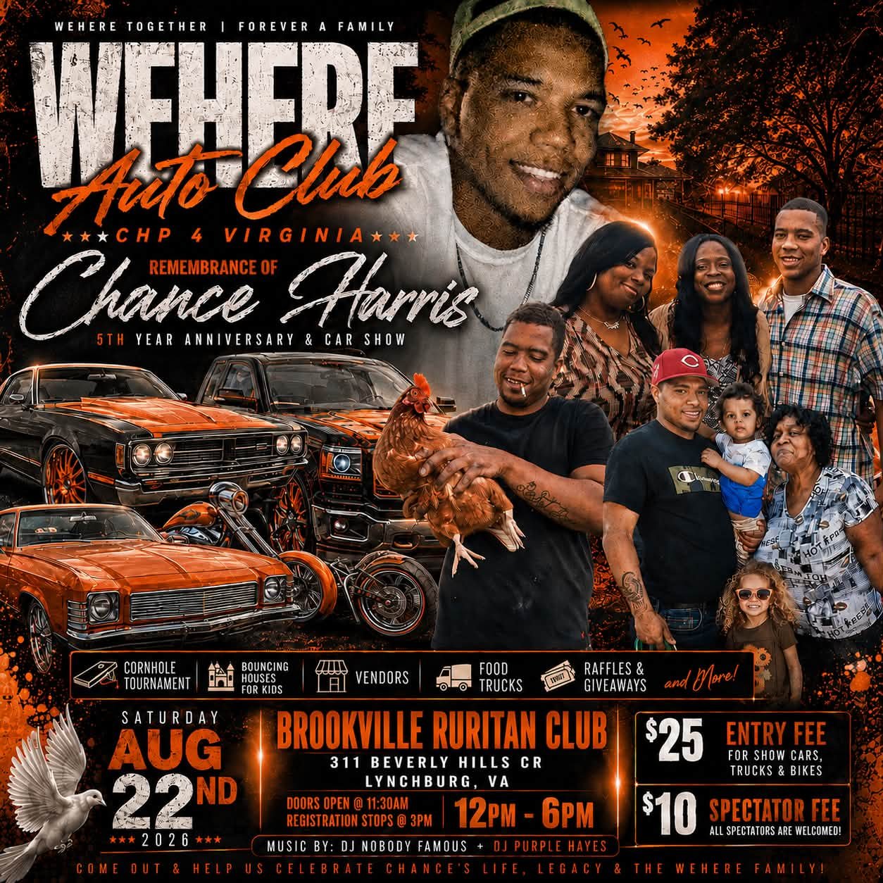 WEHERE Auto Club Chance Harris Memorial Car Show event at Brookville Ruritan Club in Lynchburg, VA on August 22, 2026