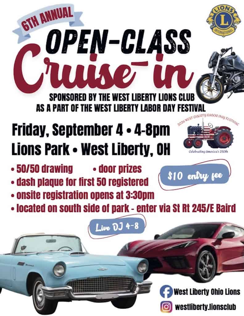 West Liberty Lions Club 6th Annual Open-Class Cruise in event at Lions Park in West Liberty, OH on September 4, 2026