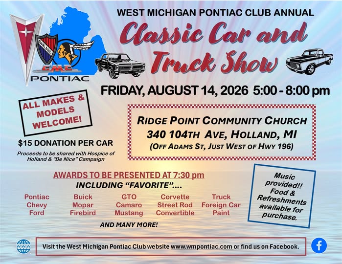 West Michigan Pontiac Club Annual Classic Car and Truck Show event at Ridge Point Community Church in Holland, MI on August 14, 2026