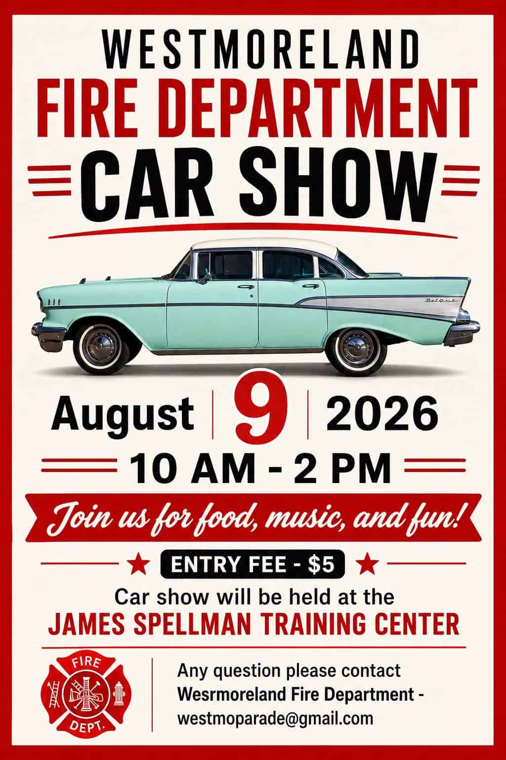 Westmoreland Fire Department Car Show event at James Spellman Training Center in Westmoreland, NY on August 9, 2026