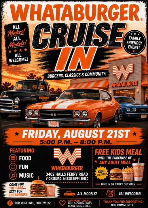 Whataburger Cruise in event at Whataburger in Vicksburg, MS on August 21, 2026