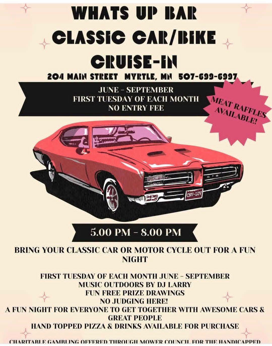 What's up Bar Classic Car/Bike Cruise-In event at What's up Bar in Myrtle, MN on September 1, 2026