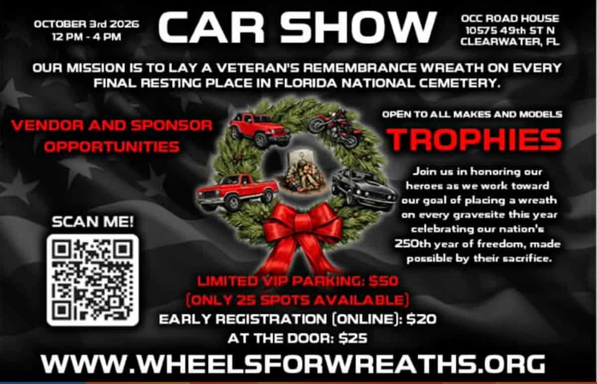 Wheels for Wreaths Car Show event at OCC Road House in Clearwater, FL on October 3, 2026