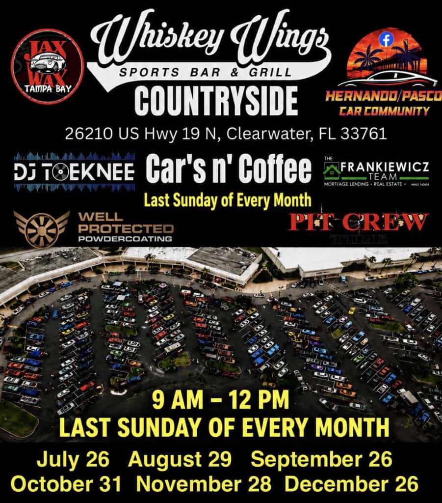 Whiskey Wings Countryside Cars n' Coffee event at Whiskey Wings Countryside Sports Bar & Grill in Clearwater, FL on August 30, 2026