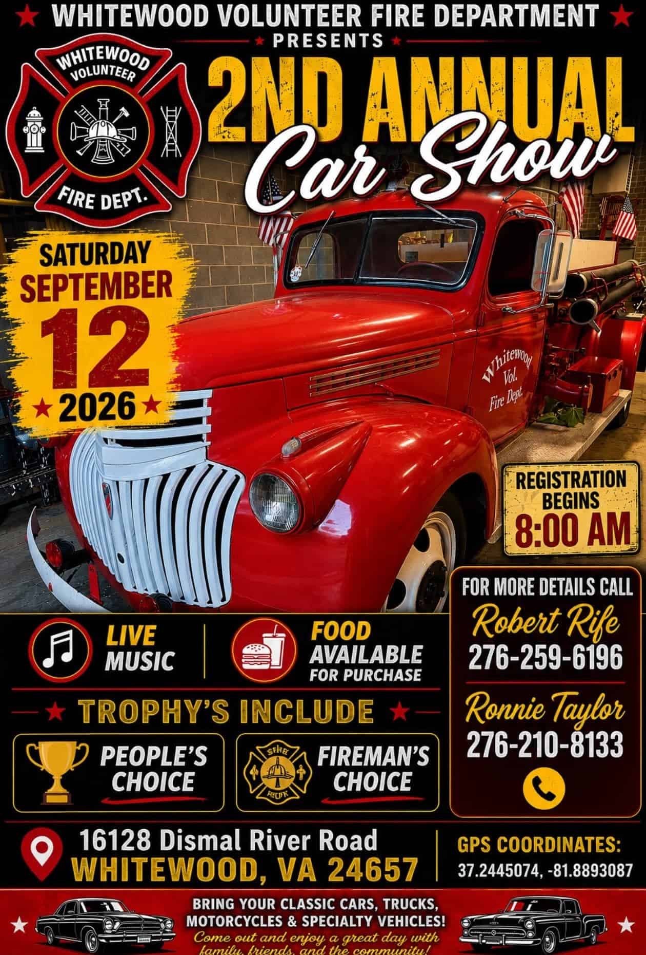 Whitewood Volunteer Fire Department 2nd Annual Car Show event at 16128 Dismal River Road in Whitewood, VA on September 12, 2026