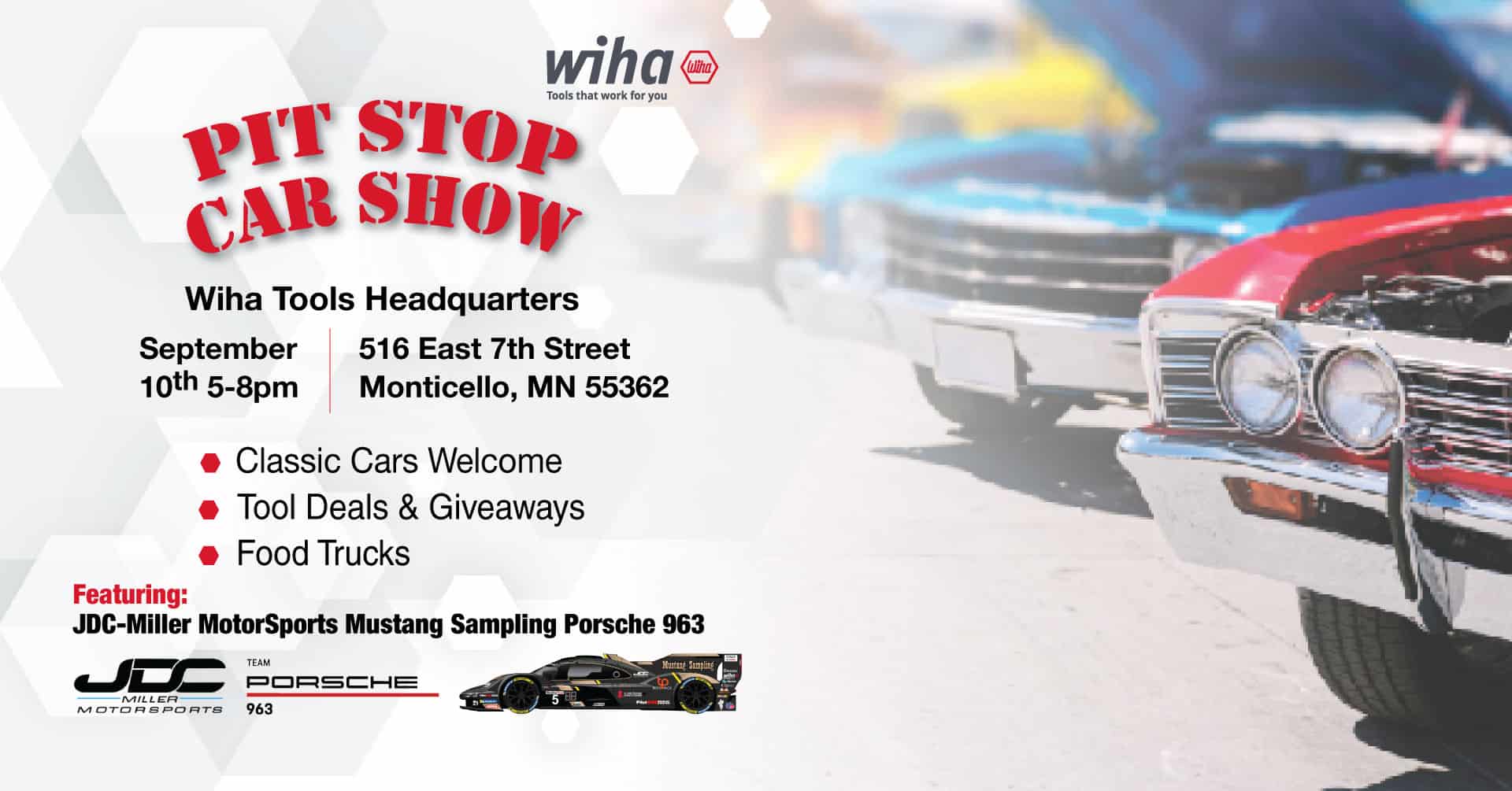Wiha Tools Pit Stop Car Show event at Wiha Tools USA in Monticello, MN on September 10, 2026