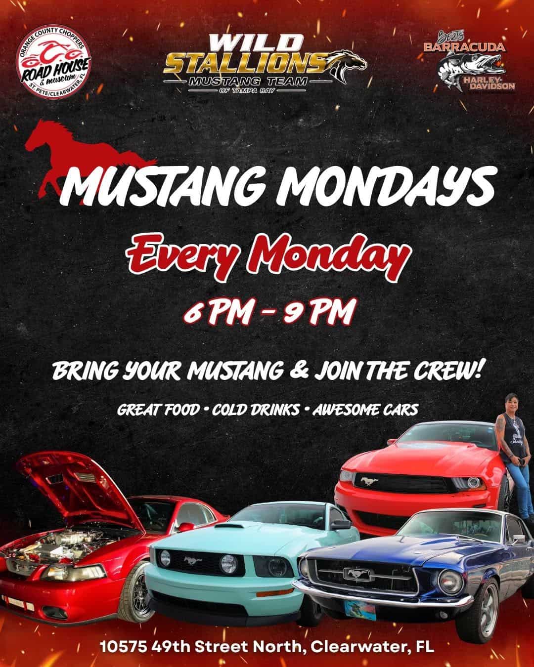 Wild Stallions Mustang Team Mustang Mondays event at OCC Road House & Museum in Clearwater, FL on September 7, 2026