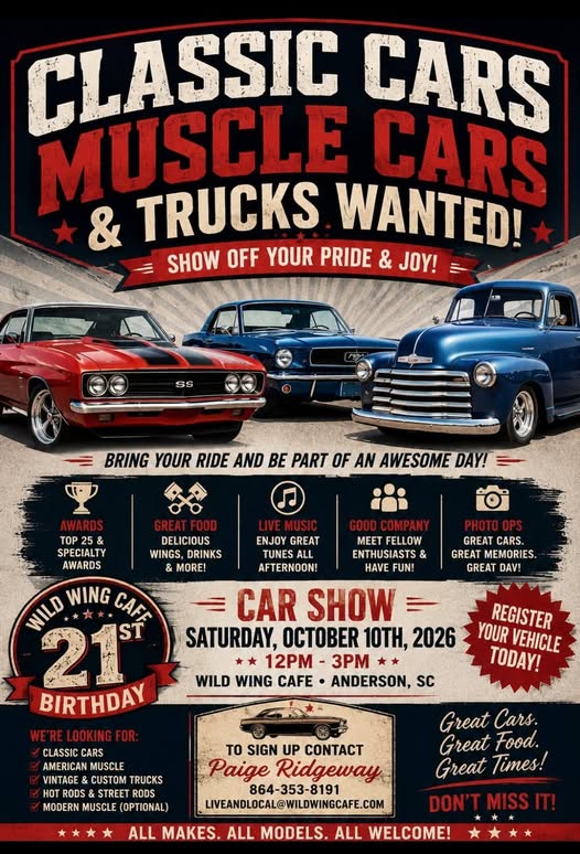 Wild Wing Cafe Car Show event at Wild Wing Cafe in Anderson, SC on October 10, 2026