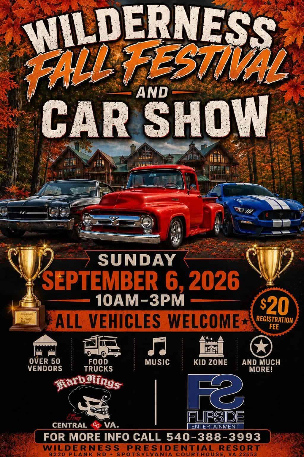 Wilderness Fall Festival and Car Show event at Wilderness Resort in Spotsylvania, VA on September 6, 2026