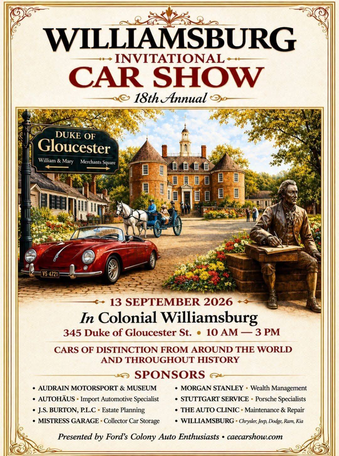 Williamsburg Invitational Car Show event at Colonial Williamsburg in Williamsburg, VA on September 13, 2026