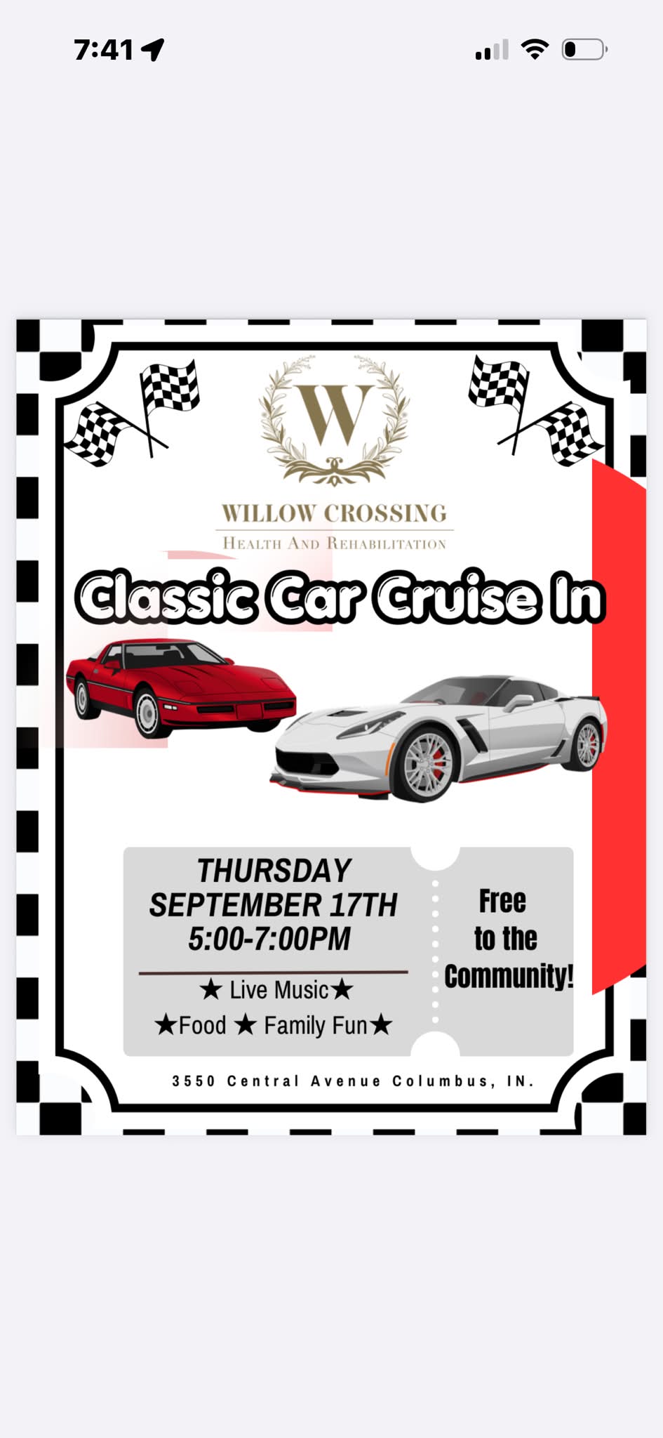 Willow Crossing Classic Car Cruise in event at Willow Crossing Health and Rehabilitation in Columbus, IN on September 17, 2026
