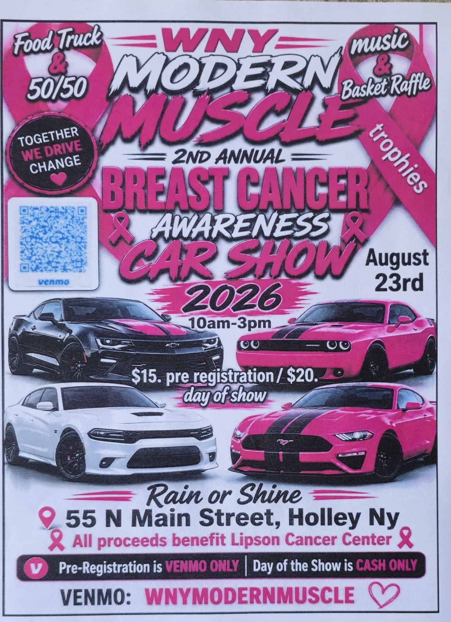 WNY Modern Muscle 2nd Annual Breast Cancer Awareness Car Show event at Holley Fireman's Field in Holley, NY on August 23, 2026