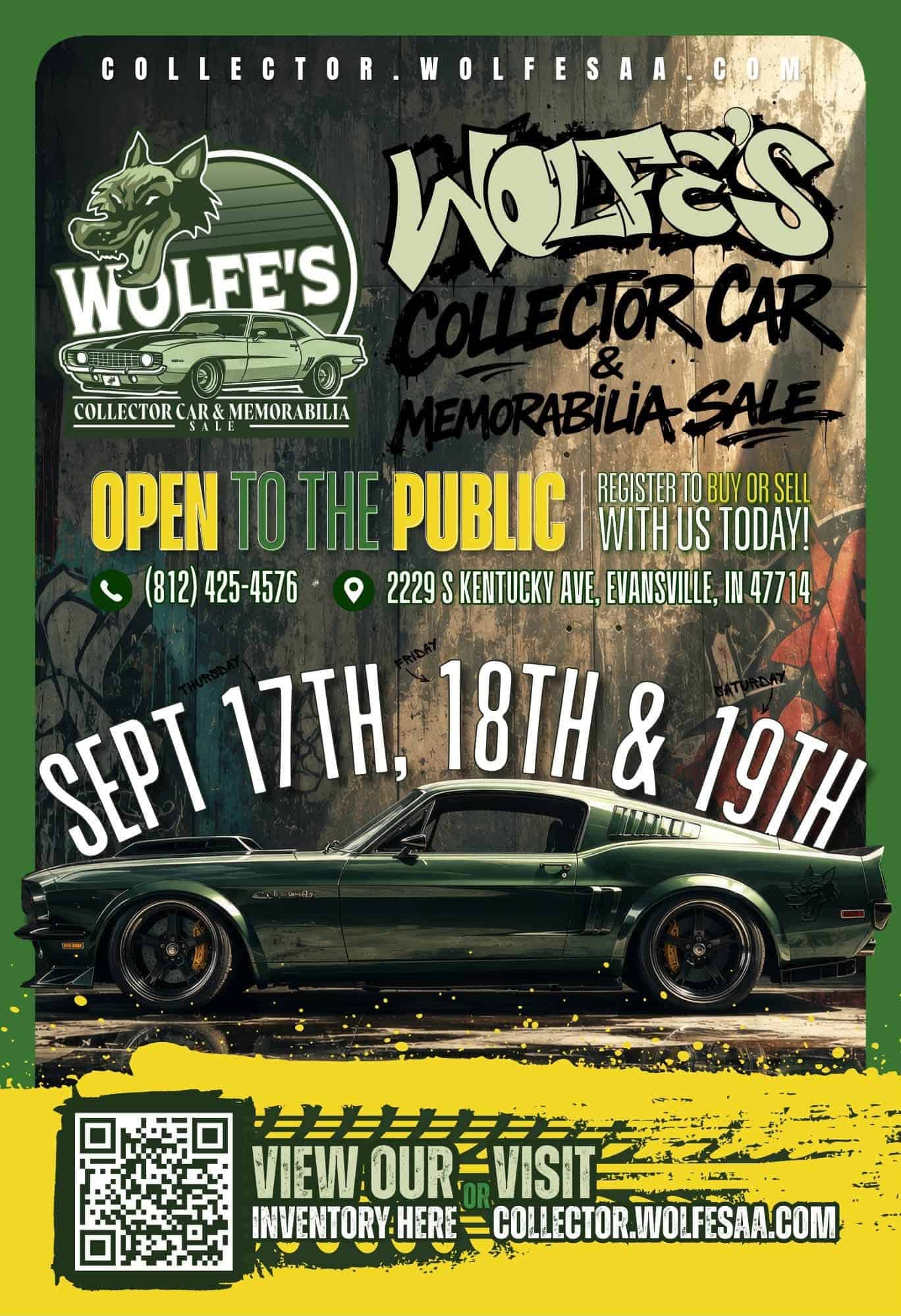 Wolfe's Collector Car & Memorabilia Sale event at Wolfe's in Evansville, IN on September 17, 2026