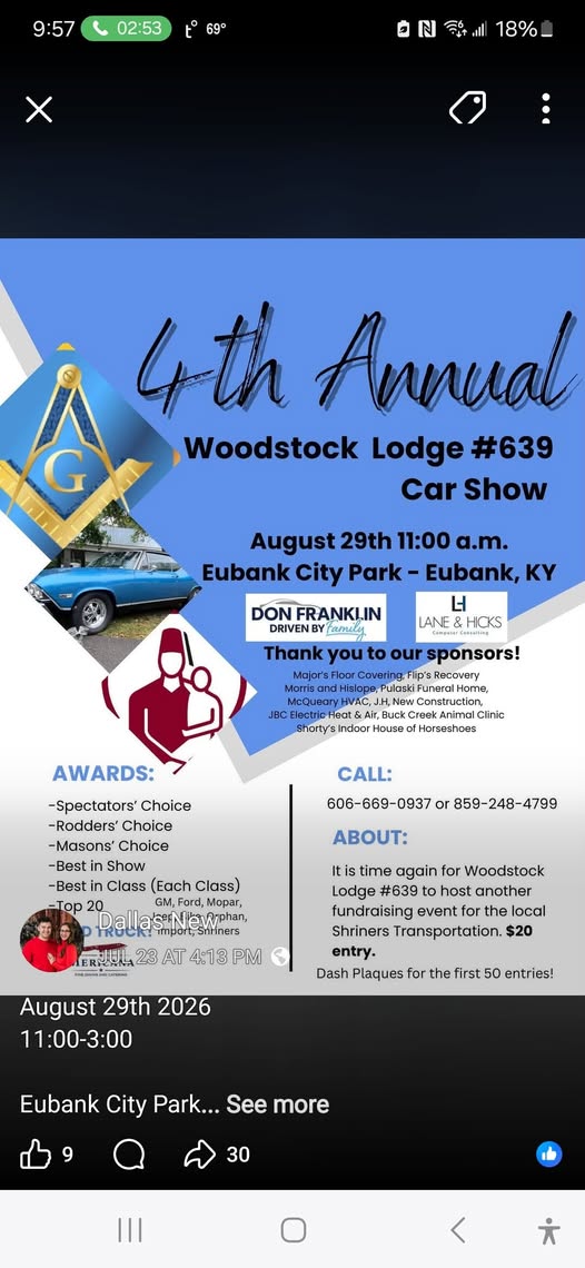 Woodstock Lodge #639 4th Annual Car Show event at Eubank City Park in Eubank, KY on August 29, 2026